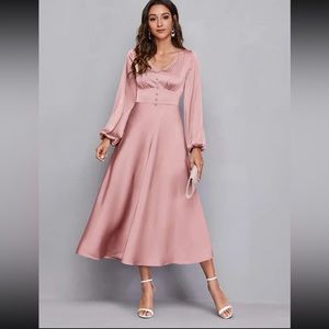 SHEIN Lantern Sleeve Buttoned Front Ruched Bust Dress